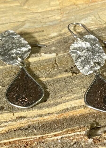 Etched Copper Earrings Reticulated silver with etched copper drop custom made jewelry for sale by Mary Page Jones